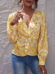 Allover Print Twist Front Lantern Sleeve Blouse - Yellow - View 5