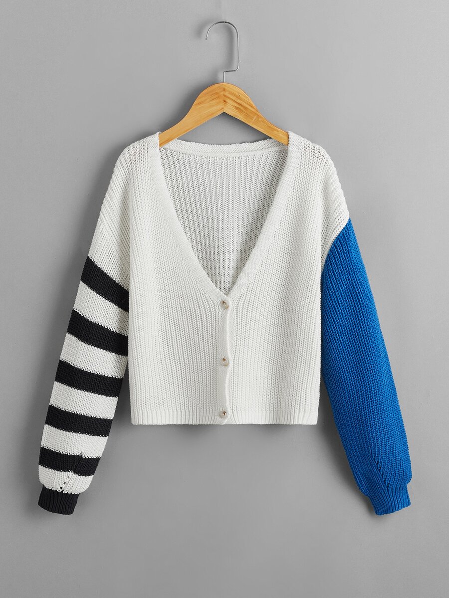 Áo len bé gái Nút phía trước Khối Màu Sọc Giải trí - trắng - Xem 1