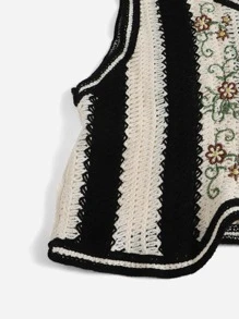 SHEIN MOD Floral Embroidery Stripe Pattern Vest Cardigan - Multicolor - View 5