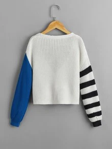 Áo len bé gái Nút phía trước Khối Màu Sọc Giải trí - trắng - Xem 2