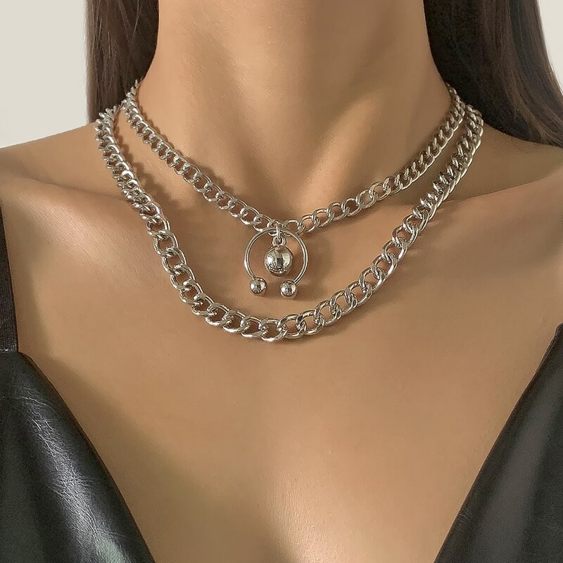 

2pcs Bead Decor Chain Necklace, Silver