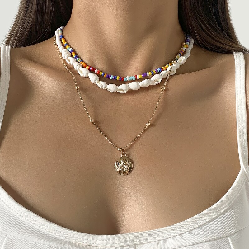 

3pcs Shell Decor Beaded Necklace, Gold