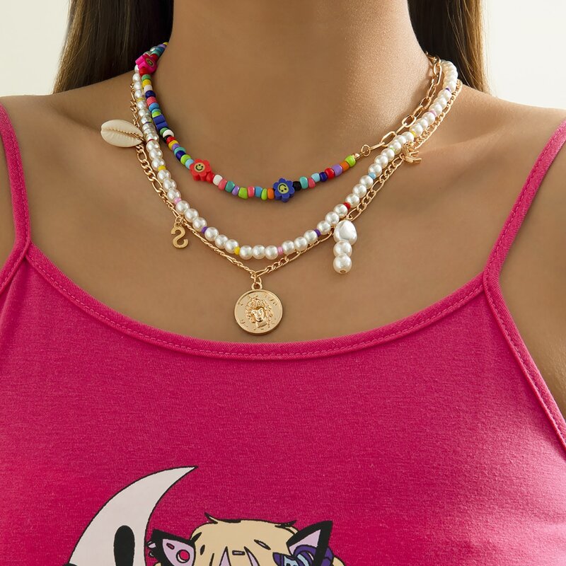 

3pcs Faux Pearl Decor Necklace, Gold