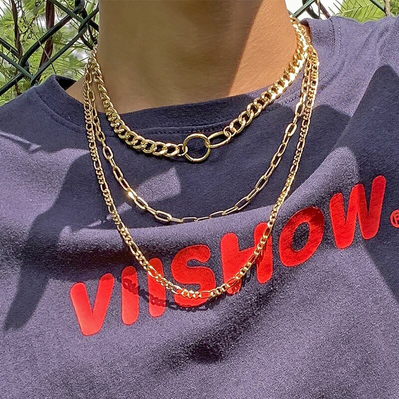 

3pcs Ring Linked Chain Necklace, Gold