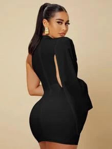 SHEIN SXY 不对称领口开衩袖紧身连衣裙、舞会礼服 - 黑色 - 查看 2
