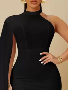 SHEIN SXY 不对称领口开衩袖紧身连衣裙、舞会礼服 - 黑色 - 查看 3