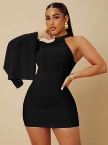 SHEIN SXY 不对称领口开衩袖紧身连衣裙、舞会礼服 - 黑色 - 查看 4