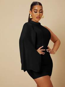 SHEIN SXY 不对称领口开衩袖紧身连衣裙、舞会礼服 - 黑色 - 查看 6