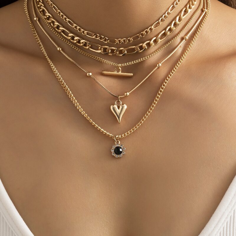 

5pcs Heart Decor Chain Necklace, Gold