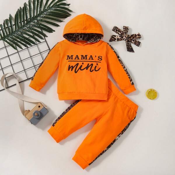 

Baby Girl Leopard And Letter Graphic Hoodie & Sweatpants & Headband, Orange