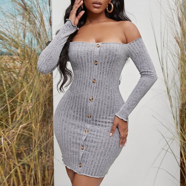

Lettuce Trim Off The Shoulder Button Front Bodycon Dress, Light grey