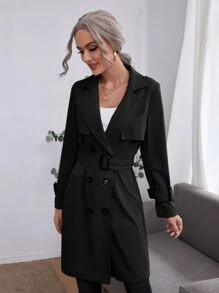 SHEIN Frenchy 雙排釦金屬扣環腰帶風衣外套