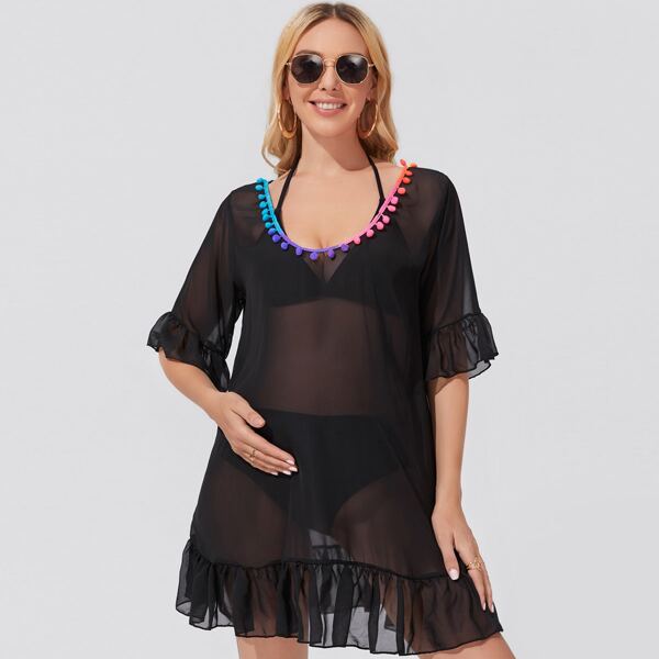 

Maternity Plain Pom-pom Trim Ruffle Hem Cover Up, Black