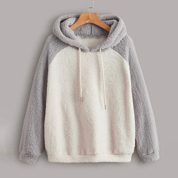 

Two Tone Raglan Sleeve Drawstring Flannel Hoodie, Multicolor