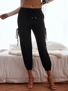 Quần thể thao nữ Dây kéo Thắt nút Ren lên Thùa khuyết màu trơn - màu đen - Xem 3