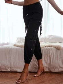 Quần thể thao nữ Dây kéo Thắt nút Ren lên Thùa khuyết màu trơn - màu đen - Xem 4