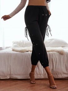 Quần thể thao nữ Dây kéo Thắt nút Ren lên Thùa khuyết màu trơn - màu đen - Xem 5