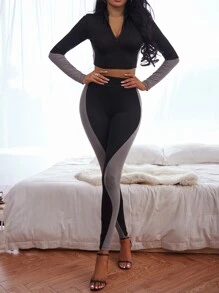 Colour Block Half Zip Crop Top & Wideband Waist Leggings - Multicolor - View 4