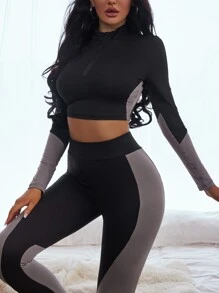 Colour Block Half Zip Crop Top & Wideband Waist Leggings - Multicolor - View 5