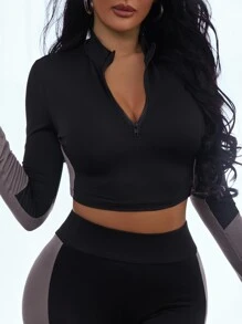 Colour Block Half Zip Crop Top & Wideband Waist Leggings - Multicolor - View 6