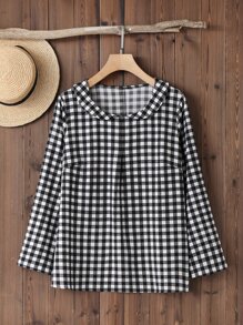 Plus Gingham Peter Pan Collar Blouse - Black and White - View 1