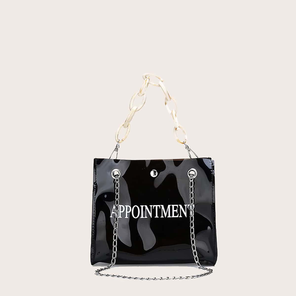 

Chain Decor Letter Graphic Square Bag, Black