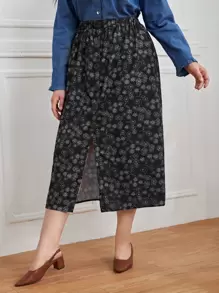 SHEIN VCAY 大碼小碎花單排釦開叉半身裙 - 黑與白 - 查看 1