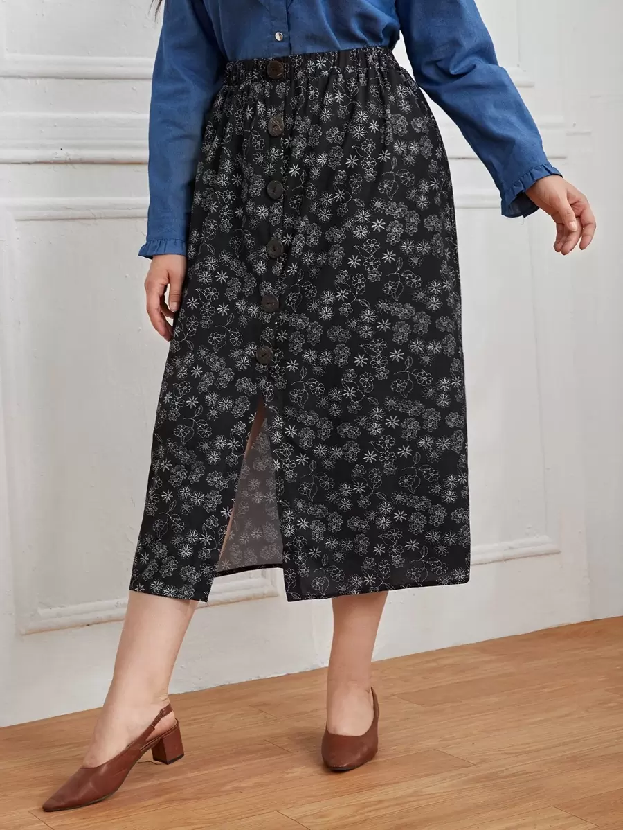 SHEIN VCAY 大碼小碎花單排釦開叉半身裙 - 黑與白 - 查看 1