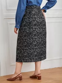 SHEIN VCAY 大碼小碎花單排釦開叉半身裙 - 黑與白 - 查看 2