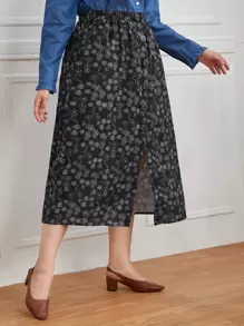 SHEIN VCAY 大碼小碎花單排釦開叉半身裙 - 黑與白 - 查看 3