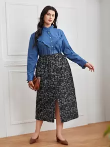 SHEIN VCAY 大碼小碎花單排釦開叉半身裙 - 黑與白 - 查看 5