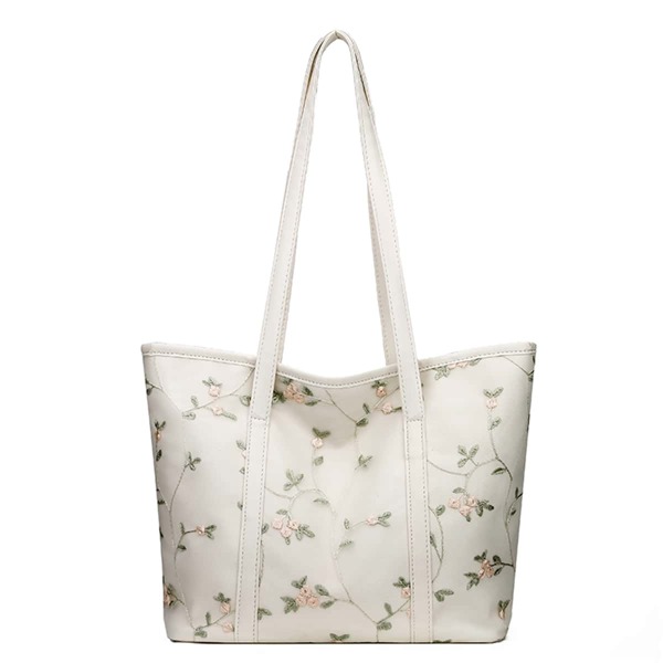 

Floral Appliques Large Capacity Tote Bag, White