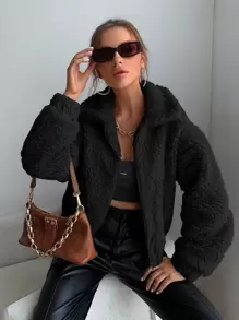 SHEIN Essnce Áo khoác nữ màu trơn Giải trí - màu đen - Xem 4