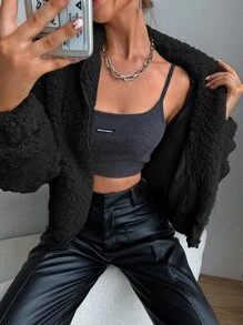 SHEIN Essnce Áo khoác nữ màu trơn Giải trí - màu đen - Xem 6