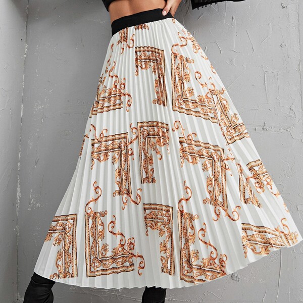 

Baroque Print High Waisted Pleated Skirt, White