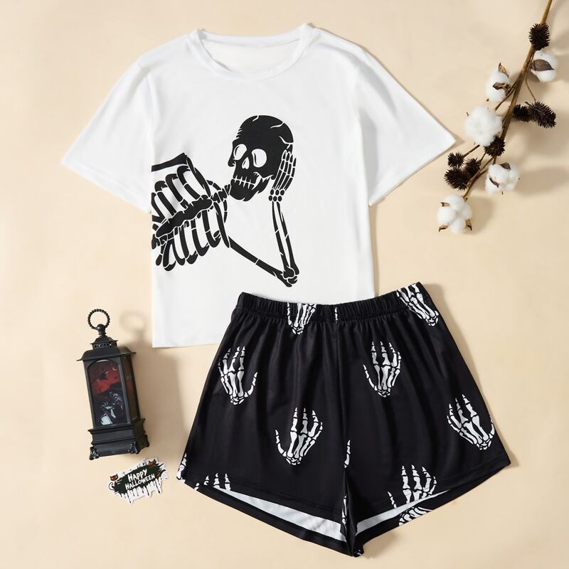

Skeleton Print Pajama Set, Black and white