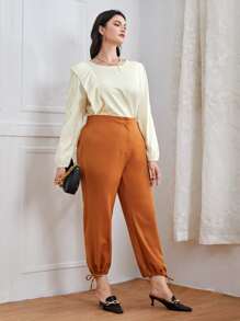 Blusa ribete con fruncido de manga obispo de satén - Albaricoque - Ver 1