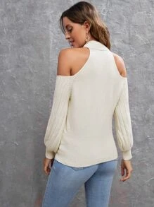 SHEIN Jersey cuello alzado de hombros descubiertos - Beis - Ver 2