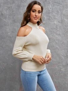 SHEIN Jersey cuello alzado de hombros descubiertos - Beis - Ver 3