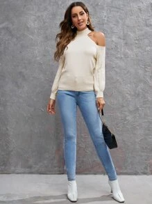 SHEIN Jersey cuello alzado de hombros descubiertos - Beis - Ver 4