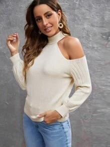 SHEIN Jersey cuello alzado de hombros descubiertos - Beis - Ver 5