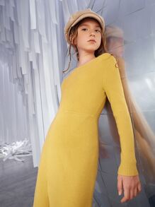 SHEIN Niñas Vestido de punto con botón tejido de canalé bajo cruzado - Amarillo - Ver 2
