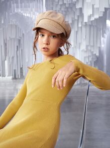 SHEIN Niñas Vestido de punto con botón tejido de canalé bajo cruzado - Amarillo - Ver 3