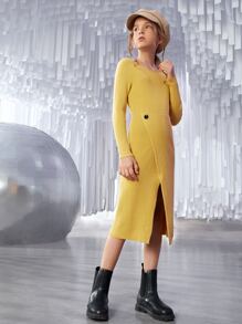 SHEIN Niñas Vestido de punto con botón tejido de canalé bajo cruzado - Amarillo - Ver 4