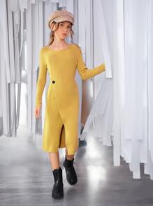 SHEIN Niñas Vestido de punto con botón tejido de canalé bajo cruzado - Amarillo - Ver 5