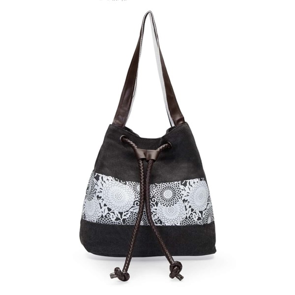 

Geometric Pattern Drawstring Detail Shoulder Tote Bag, Black and white