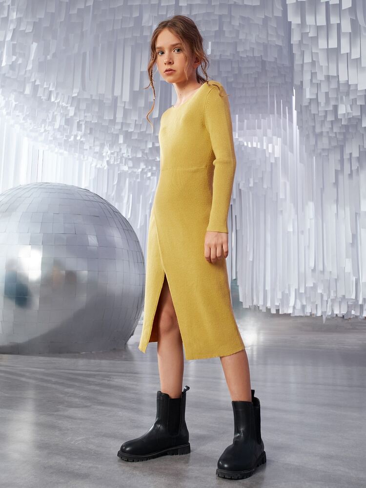 SHEIN Niñas Vestido de punto con botón tejido de canalé bajo cruzado - Amarillo - Añade 6