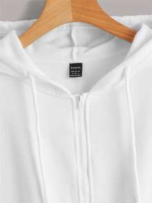 SHEIN EZwear 落肩素色拉鏈連帽衫 - 白色 - 查看 4