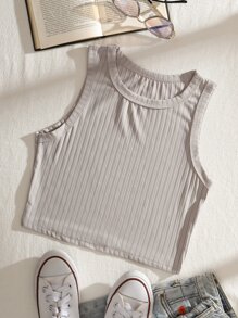 SHEIN EZwear Áo hai dây Gân đan màu trơn Cơ bản Giải trí - Màu Xám nhạt - Xem 1