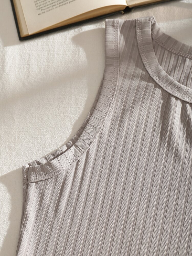 SHEIN EZwear Áo hai dây Gân đan màu trơn Cơ bản Giải trí - Màu Xám nhạt - Xem 3